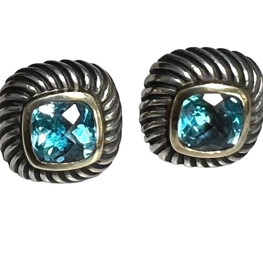 David Yurman Earrings Blue Topaz Albion Stud 14K Gold & 925 Silver Authentic